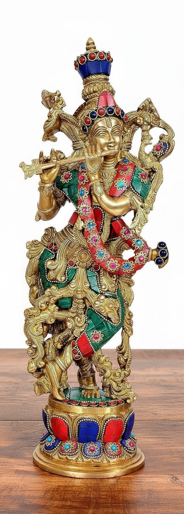 brass with stone work lord krishan playing flute for home décor/ gift item, 15"